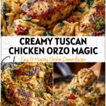 Creamy Tuscan Chicken Orzo served in a skillet with golden chicken and Mediterranean herbs as a one pot meal 26